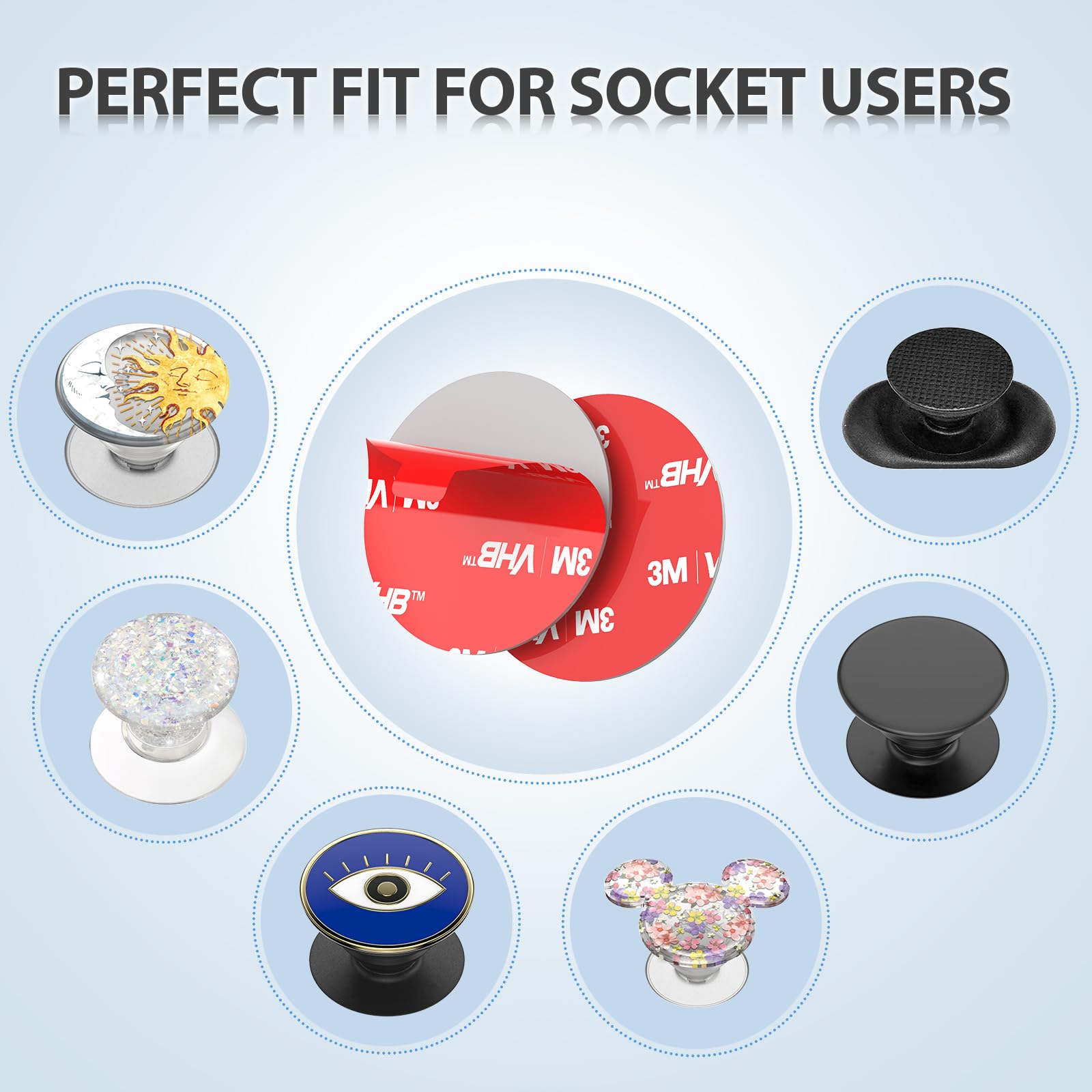 9 Pack Sticky Adhesive Replacement for Socket Mount Base, pop-tech VHB 3M Sticker Pads for Phone Collapsible Grip & Stand Back - 9pcs 35mm Double Sided Tapes & 4pcs Cleaning Prep Wipes