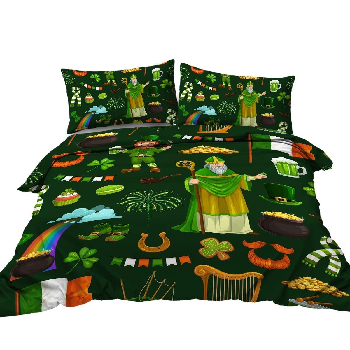 BlessLiving Happy St. Patrick's Day Bedding Green Shamrock Duvet Cover Sets Irish Holiday Pattern Printed 3 Piece Bedding Set with 2 Pillow Shams, Double Size