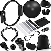 Poen 18 Pcs Home Pilates Ball and Ring Circle Set Yoga Fitness Essentials Kit with 5 Resistance Band Stretching Strap Non Slip Sock Ball Core Slider Wristband Headband Gym Bag for Women
