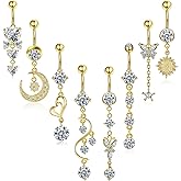 Hicarer 8 Pieces 14G Belly Button Rings Steel Long Dangle Navel Ring CZ Body Piercing Jewelry