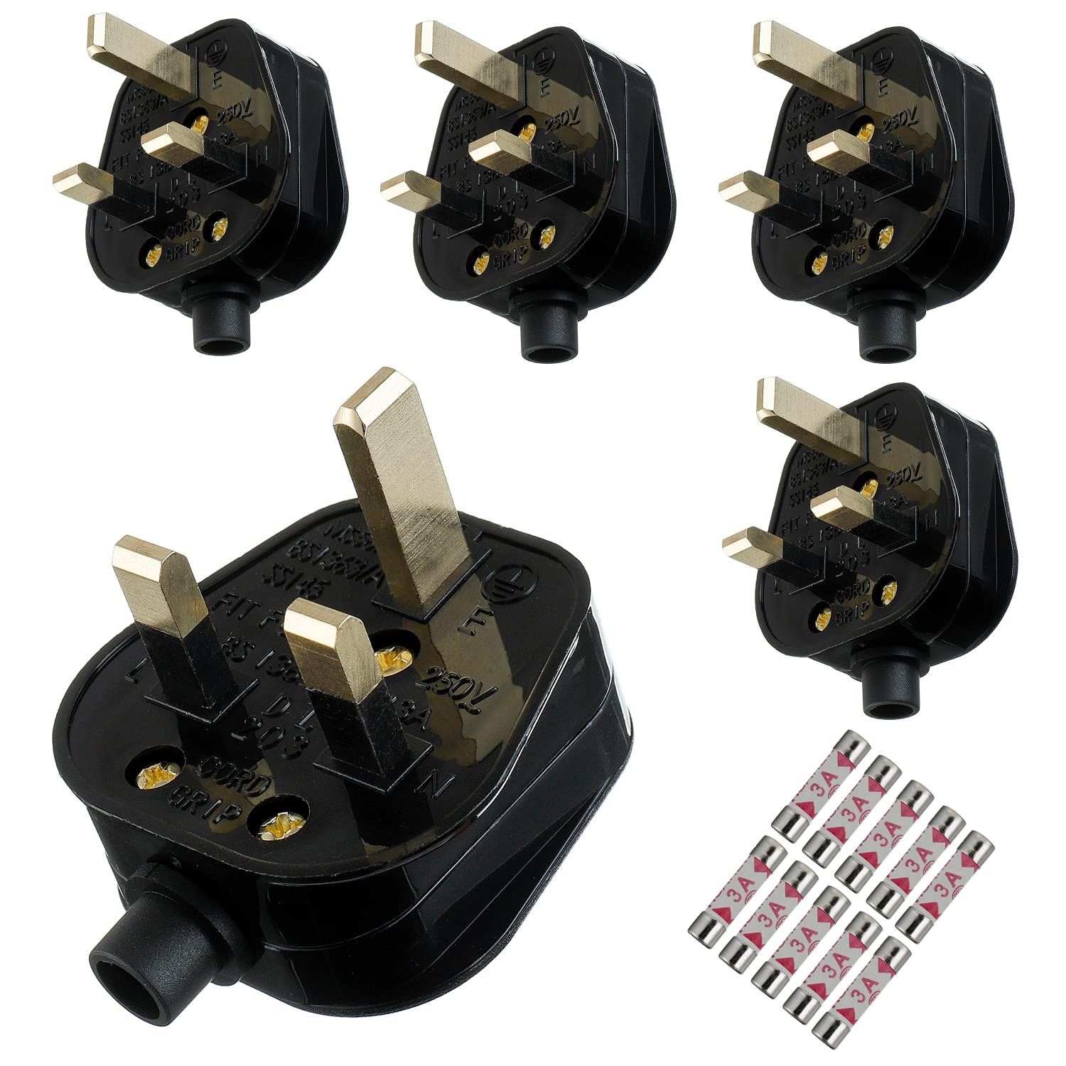 HUAREW 3A Fused Mains Plug With Cord Grip For UK Fuses Black ( Pack of 5 pcs)