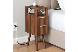 ELYKEN Small Narrow Side Table with Charging Station, USB-C Port, Skinny Fluted Nightstand with 2 Drawers, Solid Wood Feet, O