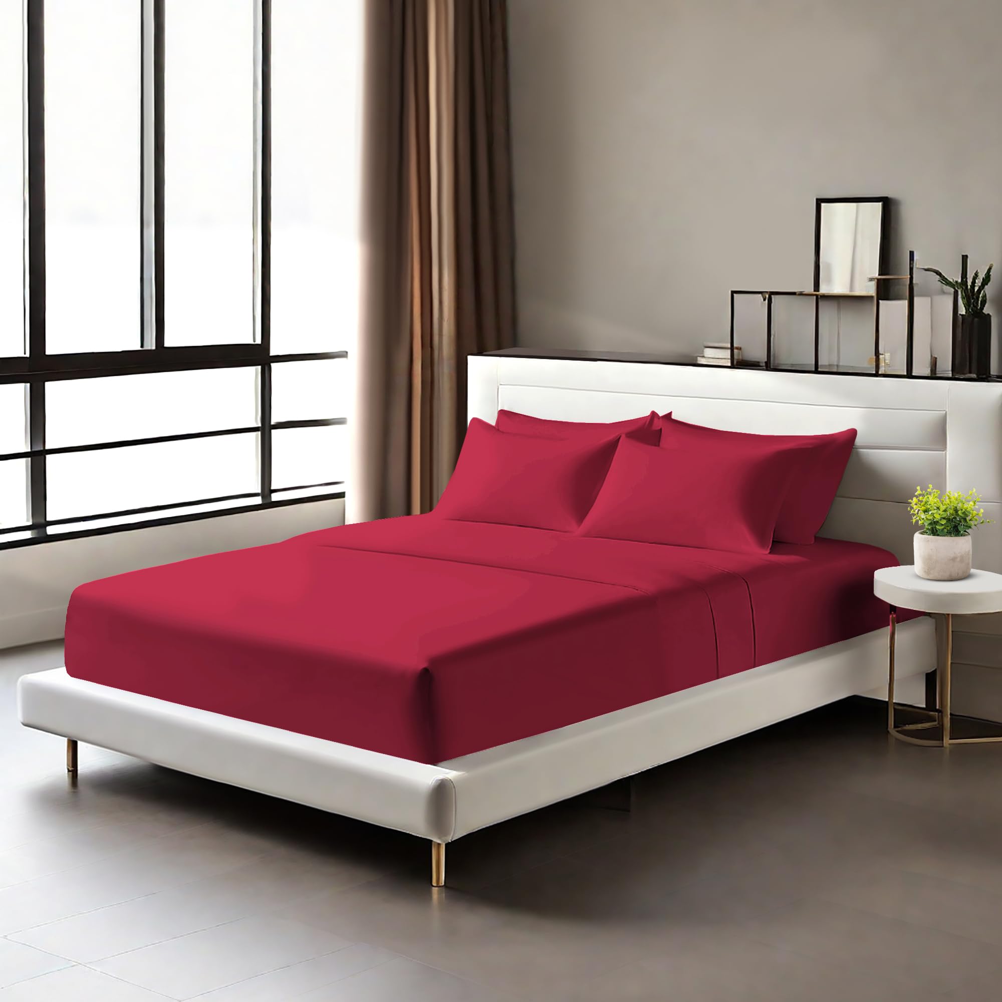 Egyptian Cotton Fitted Sheets 25cm Deep Mattress Pocket 200 Thread Count Fitted Bed Sheet- Soft & Comfortable Bottom Sheet (Burgundy, Double)