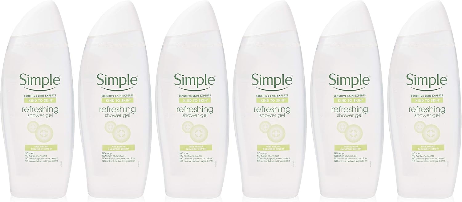 Simple Kind to Skin Refreshing Shower Gel pack of 6 UK's #1 facial skin care brand* body wash for all skin types 500 ml