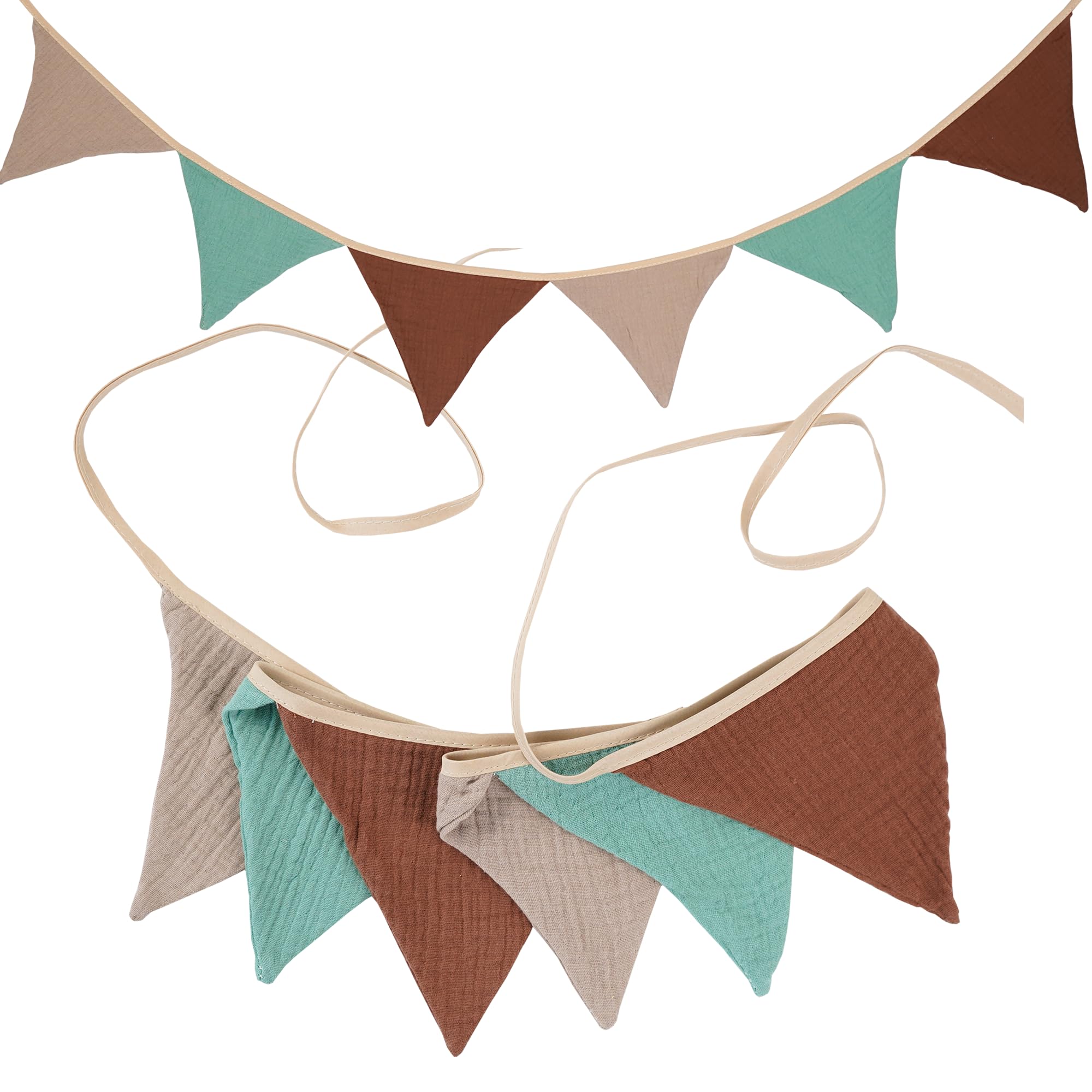 G2PLUS Muslin Fabric Bunting for Nursery: 6PCS Double Side Cloth Triangle Banner, Rust Beige Teal Cotton Bunting Banner for Baby Room, Nursery, Baby Shower Decor, 1.9m
