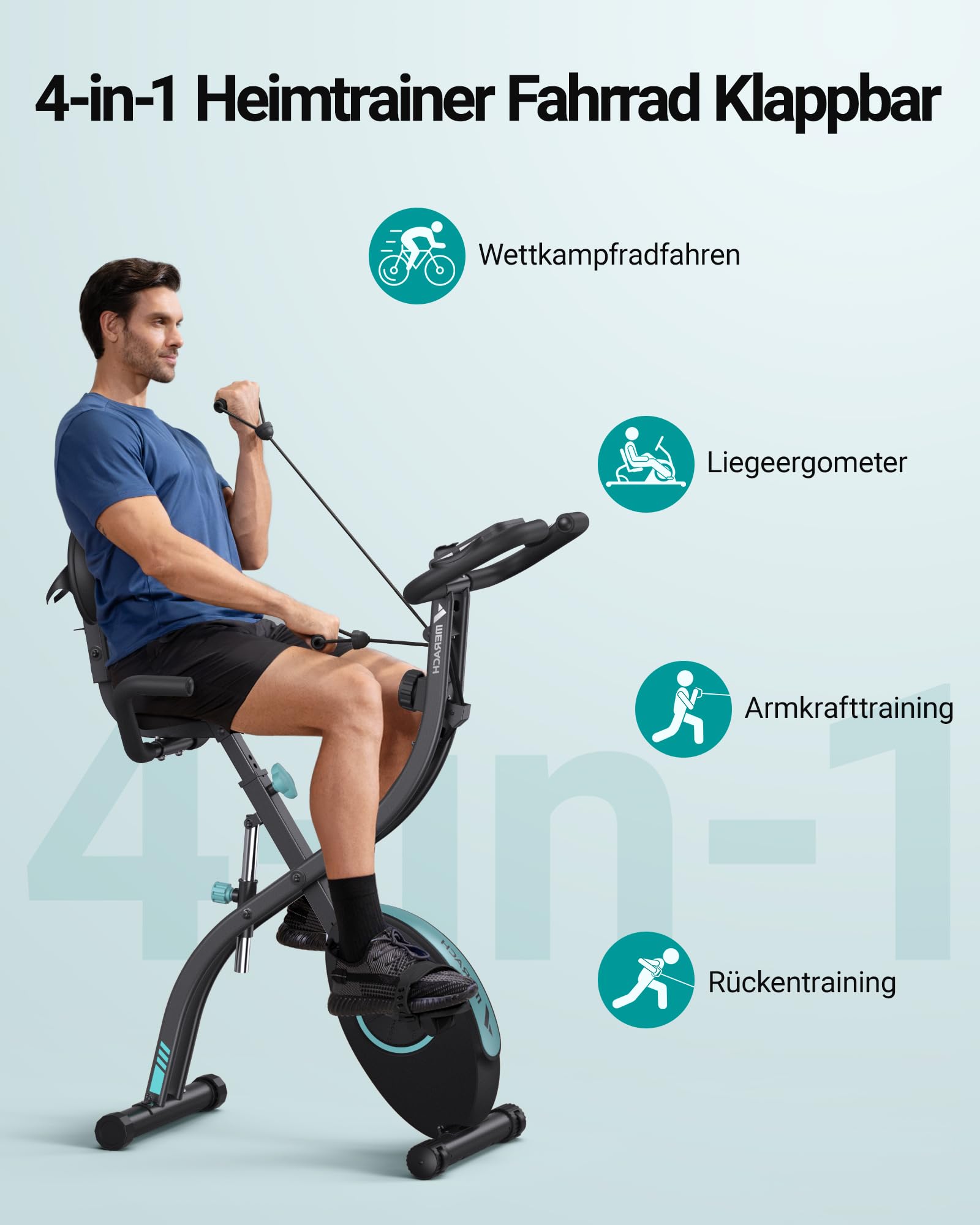 MERACH 4-in-1 Heimtrainer Klappbar, Hometrainer Fahrrad mit LCD Monitor und Handpulsmessung, Magnetisches Ergometer Fitnessbikes mit Bequemem Sitzkissen, 16-Stufiger Magnetwiderstand, Platzsparend 8