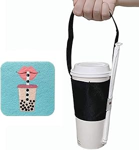 Portable Beverage Cup Foldable Holder Carrier, Tainada Reusable Drink Sleeve Handle Carry Strap for Coffee, Bubble Tea, Hot & Cold Drink with Integrated Straw Holder (Black)