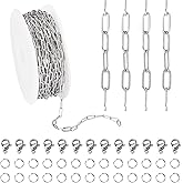 Pandahall 32.8 Feet Stainless Steel Paperclip Chains Flat Oval Link Chains Necklace Chains with Jump Rings Lobster Clasps for DIY Jewelry Making, 6.5x3x0.5mm