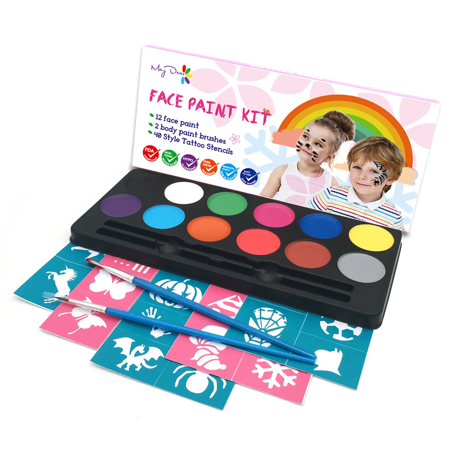 Cute Face Paint Kit for Kids No Toxic Water Based 12 Color 40 Stencils 2 Brushes eBay