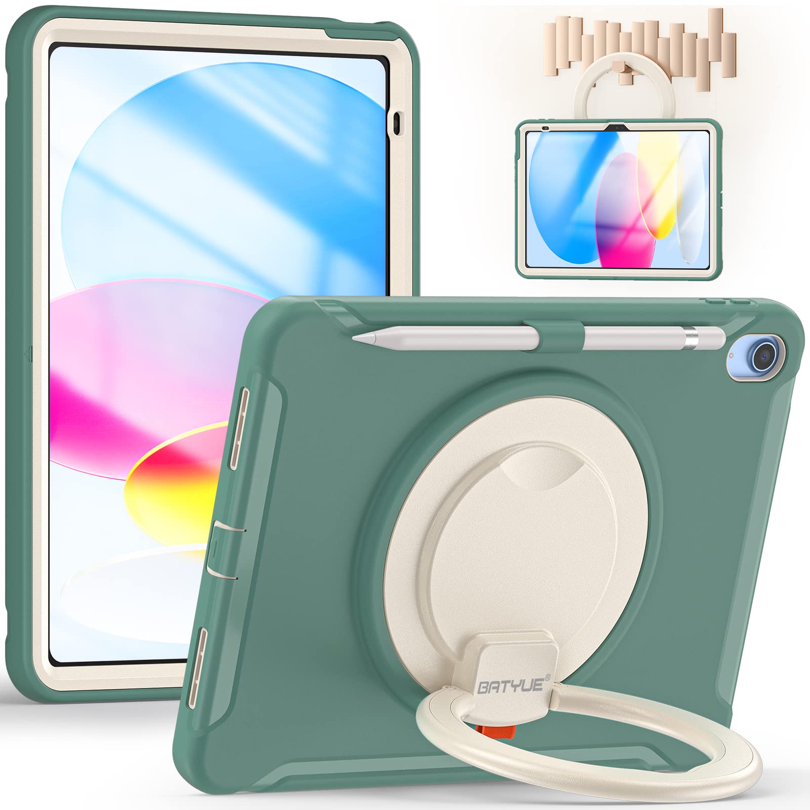 Photo 1 of BATYUE Case for iPad (A16) 11th/10th Generation 10.9'' inch 2025/2022, Rugged Protective Shockproof Cover for Kids Girls with Screen Protector, 360° Rotating Stand, Pencil Holder, Emerald Green