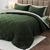 MUXHOMO 7 Pieces Queen Comforter Set, Reversible Bed in a Bag Queen Size, All Season Bedding Set with Comforter, Flat Sheet, Fitted Sheet, Pillowcases & Shams, Dark Green & Light Green
