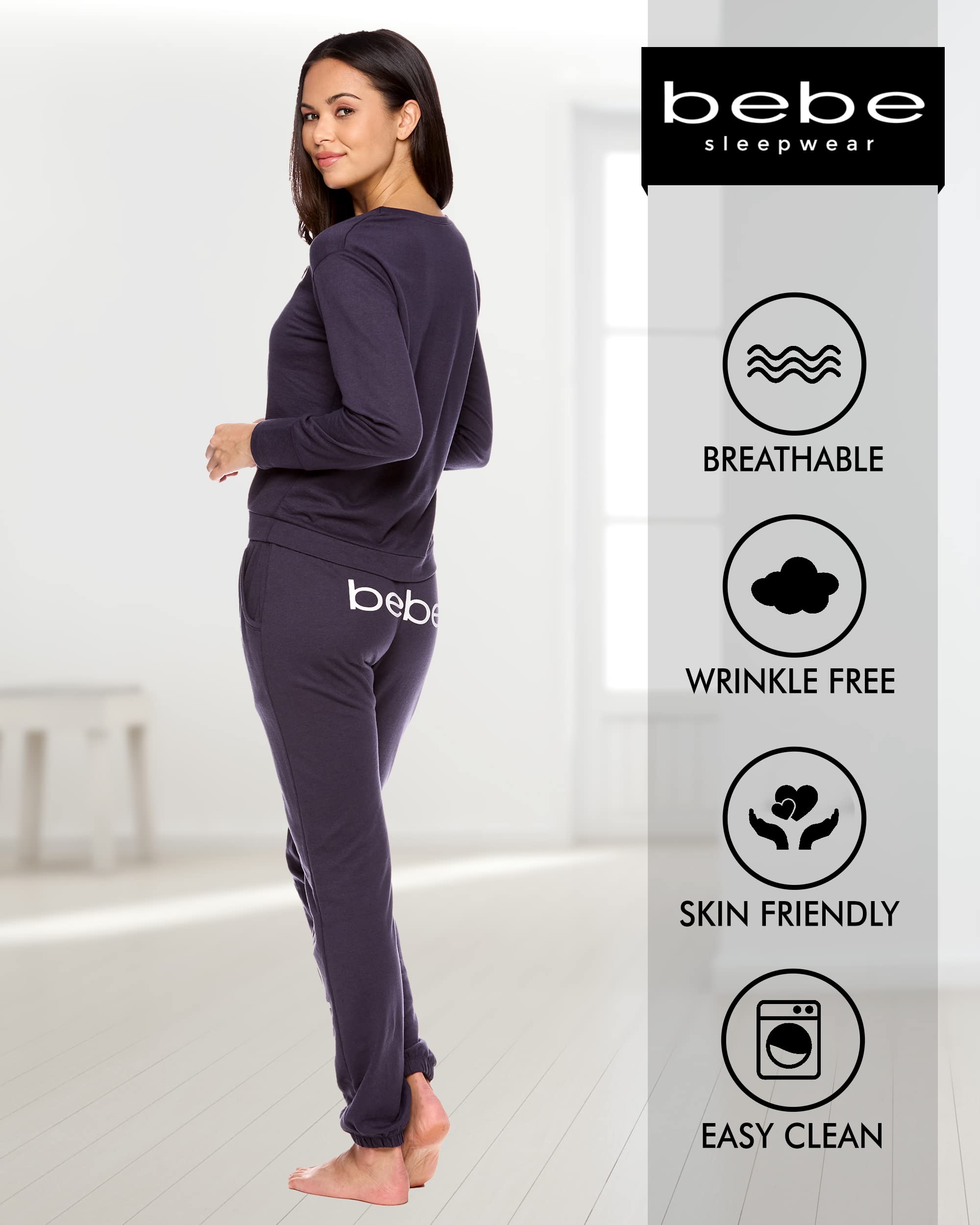 *All variations included* bebe Womens Pajama Sets - French Terry Pajamas Long Sleeve Pullover Top and PJ Pants with Pockets - Sleepwear for Women (Midnight Lavender, Medium)