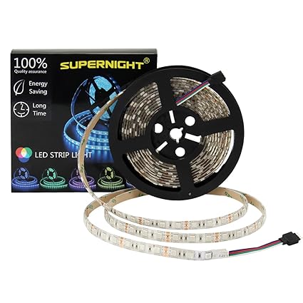 SUPERNIGHT LED Strip Light Waterproof 5050 RGB Rope Lights for Bedroom Cars Christmas Party, 16.4ft 300leds Flexible Color Changing Ribbon (No Power Adapter)