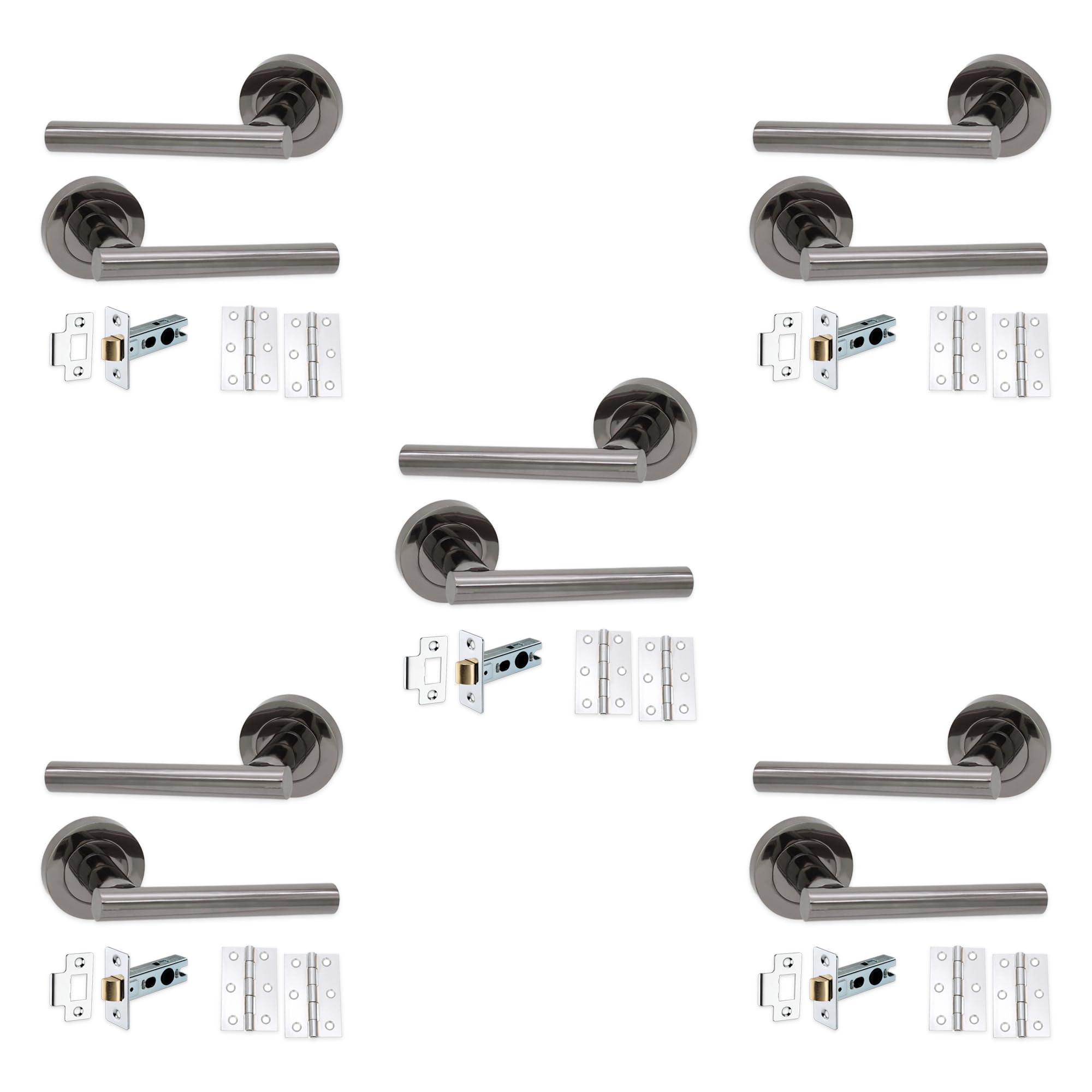 Infinity Decor Set of 5 Black Nickel 125mm Lever On Rose Door Handles, Latch & Hinge Pack for Internal & External Use