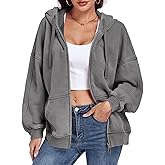 ALSOGO Womens Double Zip Up Oversized Hoodie Fleece Acid Wash Long Sleeve Sweatshirts Distressed Vintage Cotton Jackets