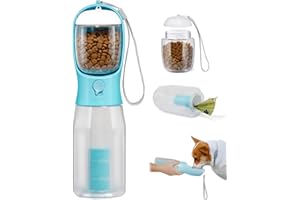 ikuso Dog Water Bottle with Filter, Portable Travel Dog Water Dispenser with Food Container & Dog Poop Bags Rolls, Leak Proof, Machine-Wash, Food Grade Plastic - Cycling & Long Flight (Blue, 20 oz)