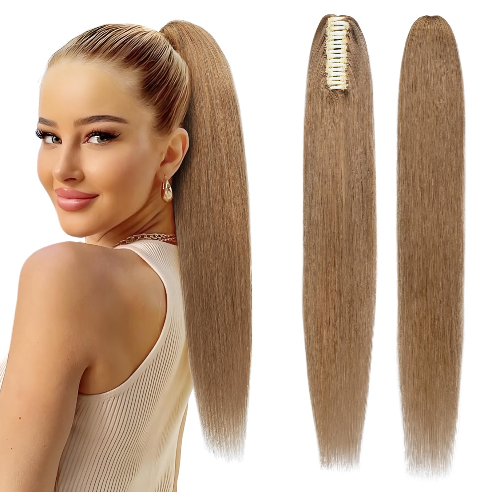 Elailite Claw Clip Ponytail Hair Extensions Real Human Hair Natural HairPiece Straight (#27 Dark Blonde, 16 Inch) — image 1