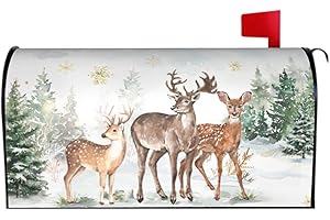 Lvhompro Winter Mailbox Cover 21" X 18" Deer Christmas Tree Magnetic Mailbox Wraps Standard Size Post Letter Box Cover for Outdoor Decoration Garden Decor