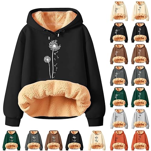 Cocila Fleece Hoodie Women UK Ladies Warm Winter Drawstring Comfortable Sweatshirt Pullover Long Sleeve Sherpa Lined Hooded Jacket Fleece Blanket Oversized Loose Sports Coat Black L