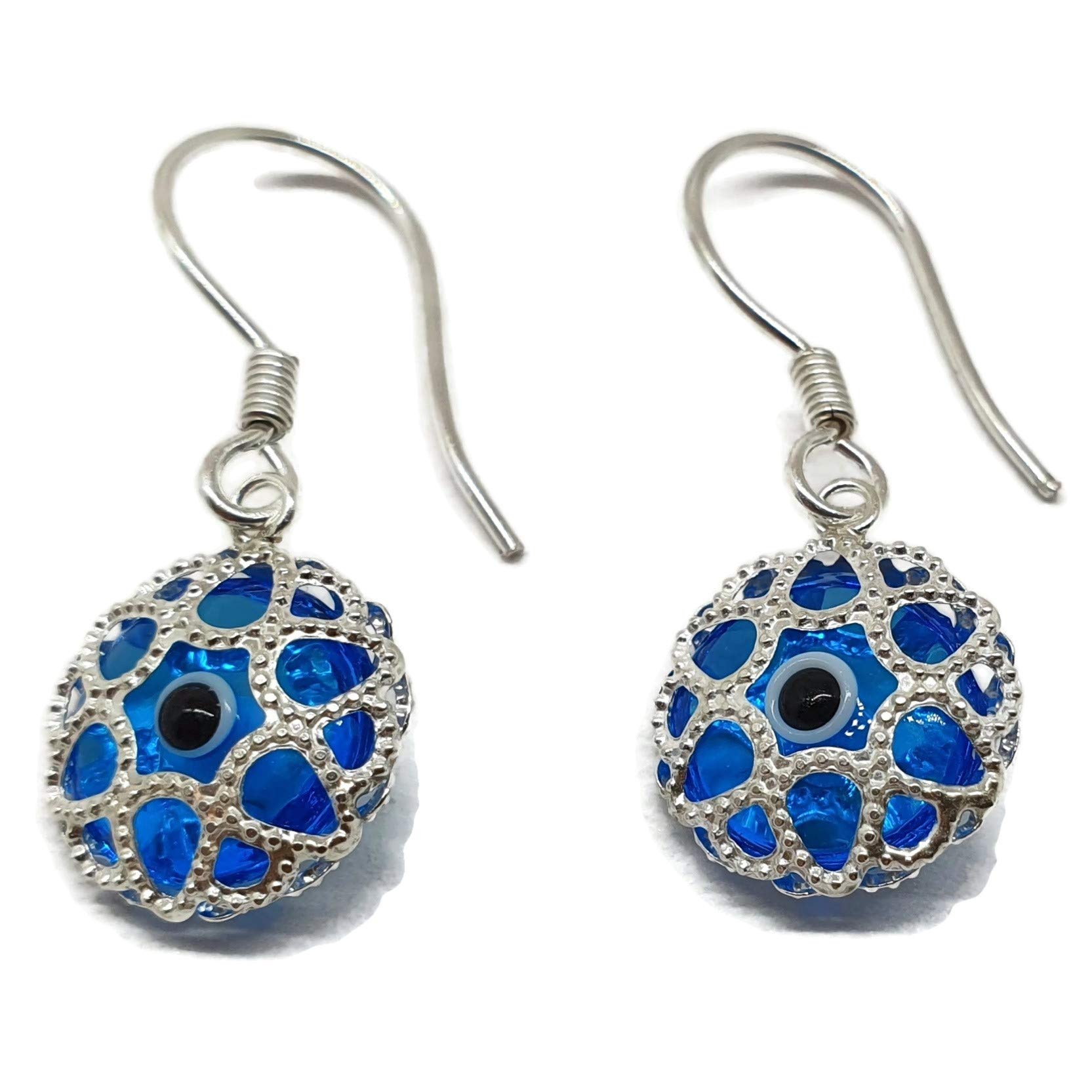 MYSTIC JEWELS - 925 Sterling Silver Earring with Glass Evil Eye Inside - Turkish Filigree Eye - for Good Luck