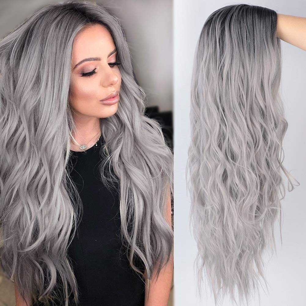 ColorfulPanda Ombre Grey Long Wigs for Women with Dark Roots Black Long Wavy Curly Wig Cosplay Party or Daily Use