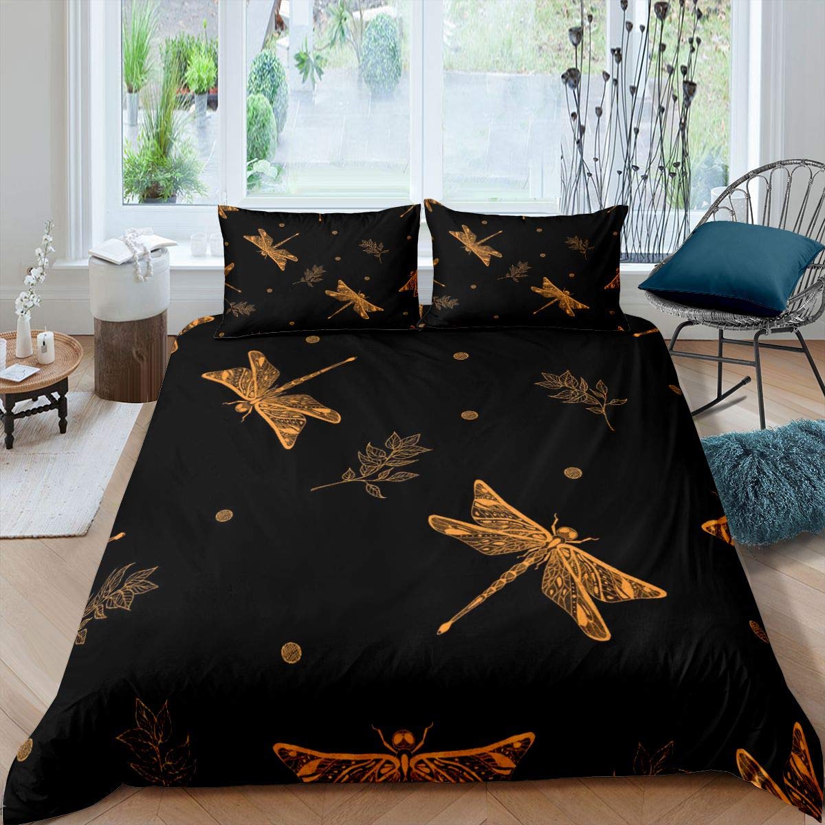 Homemissing Dragonfly Comforter Cover Golden Dragonflies Leaves Bedding Set Ornamental Dragonfly Duvet Cover for Kids Boys Girls Insects Animal Bedding & Linen Double