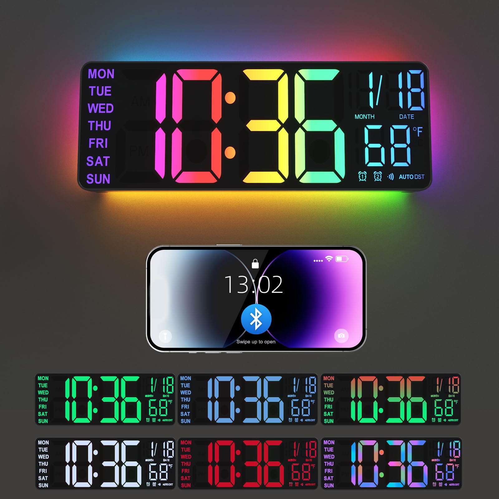 Photo 1 of YISILE 13" Digital Wall Clock with Night Light, Digital Clock with 8 RGB Colors, Dual Alarm, Dimmer, Auto DST, Voice Control, Auto Time Sync, Clocks for Living Room, Bedroom, Perfect for Gift