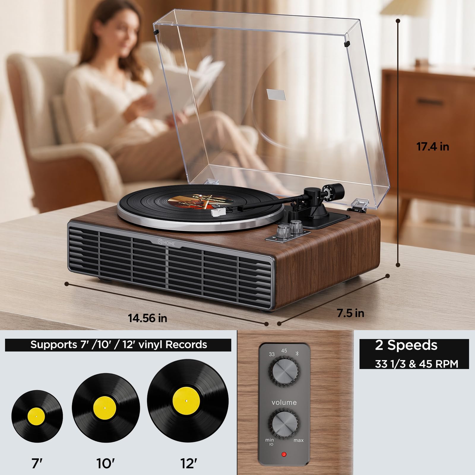 Schallplattenspieler mit Integrierten Lautsprecher, Plattenspieler Bluetooth HiFi mit Zwei Geschwindigkeiten, Phono-Vorverstärker 33/45 U/min und AT-3600L Tonabnehmer (Nussbaum) 2