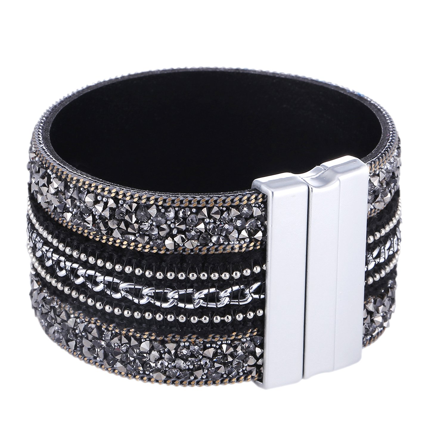 Morella Women’s Glitter Bracelet with Zirconia Stones and Magnetic Clasp – Black Silver