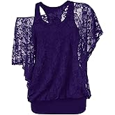 ROSE GAL Women Plus Size Skew Neck Sheer Lace Blouse and Racerback Tank Top Casual Crew Neck T-Shirt Summer Tops