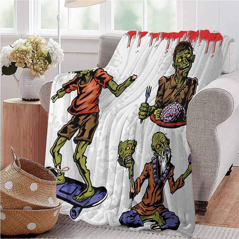 Zombie Warm Blanket Dead Man Eating Brain Cannibal Meditating Skate Boarding Graphic Pattern Portable Car Travel Cover Blanket 70x90 Inch Olive Green Red Dust Full Size