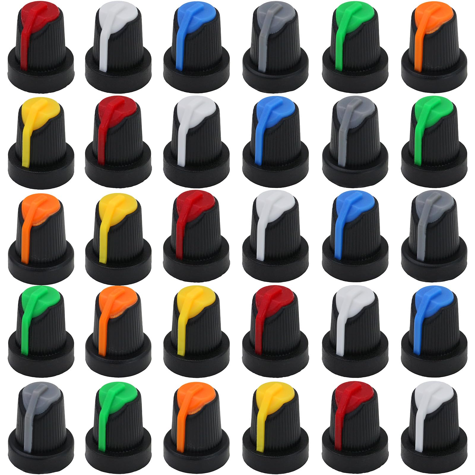 30 Pack Mixed Colour Audio Rotary Control Knobs AG5 6mm Splined Black Body Guitar/Mixer Knob