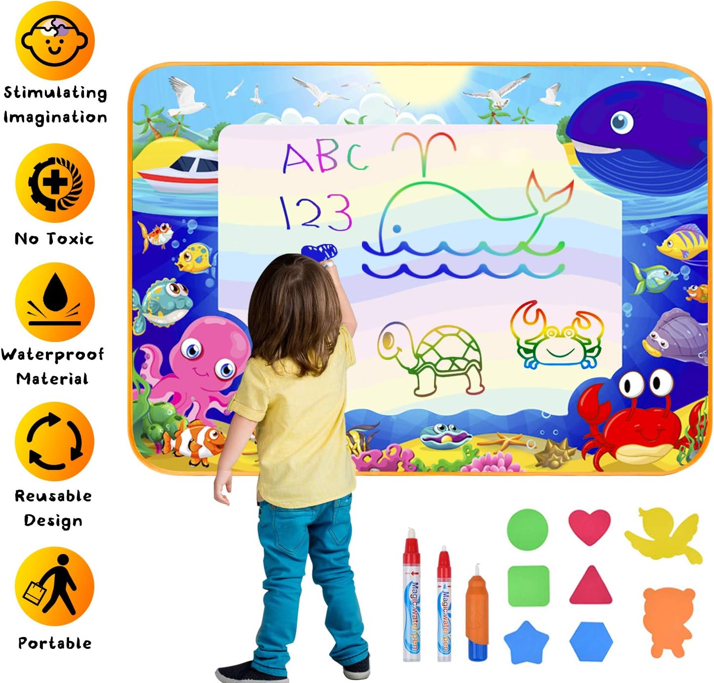 Yomeie Aqua Magic Mat, Water Doodle Drawing Mat for Toddlers, Large 39.5"x27.5" Water Painting Doodle Mat, Educational Toys Gifts for 3 4 5 6 7 8 9 Year Old Girls Boys Kids