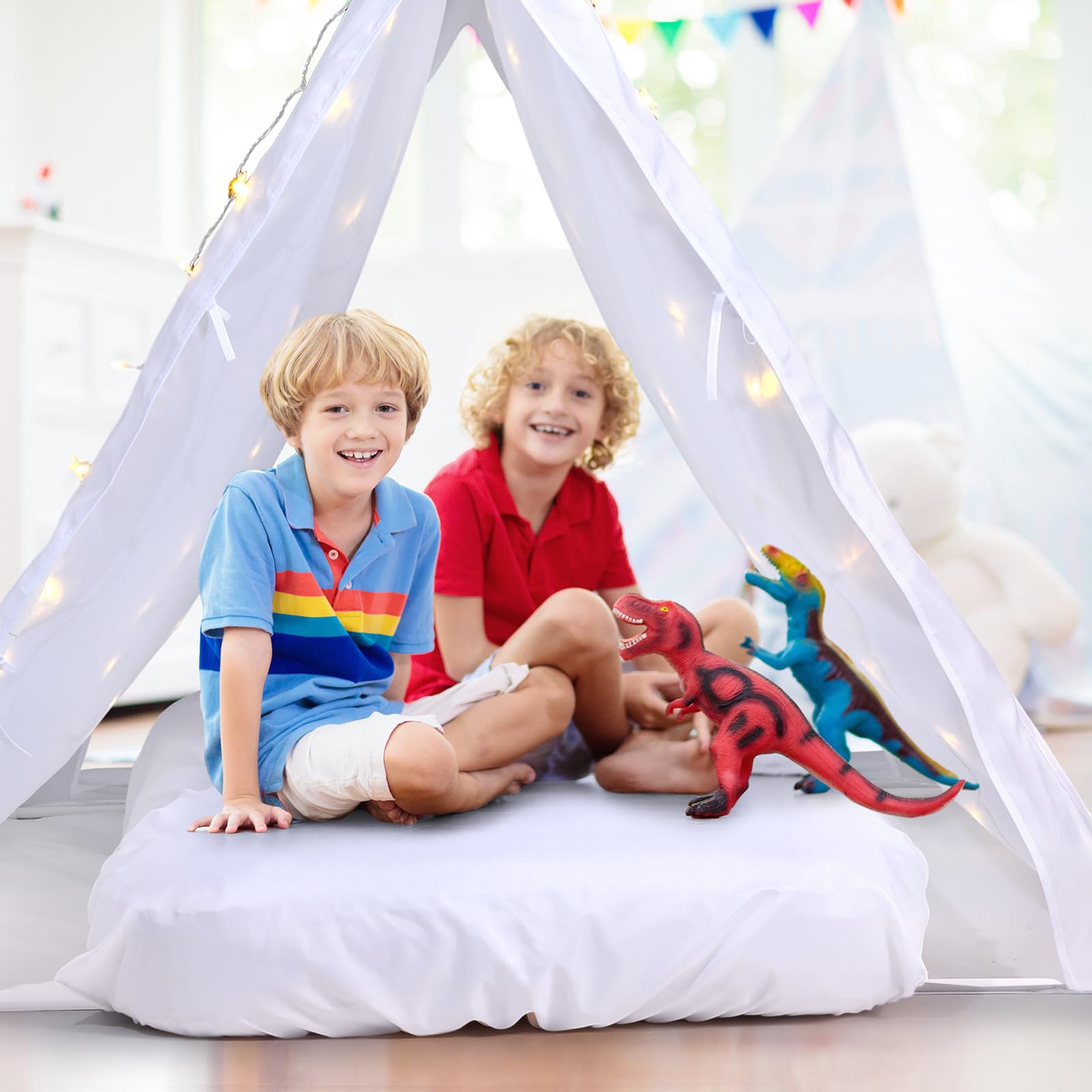5 Pcs Sleepover Tent Set for Kids Includes Teepee Tent Inflatable Airbed (with Air Pump) 2 Fitted Sheets Star Lights String, Kids Travel Bed Inflatable for Girls Boys Indoor Outdoor