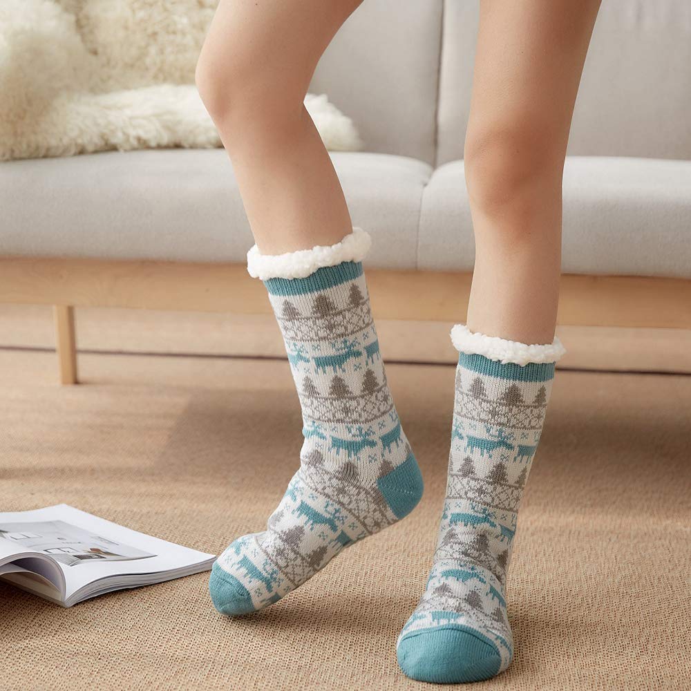 4YOUALL Womens Fleece Lining Soft Warm Fuzzy Sock, Christmas Thermal Knee High Stockings Slipper Socks (Lake Blue Deer)