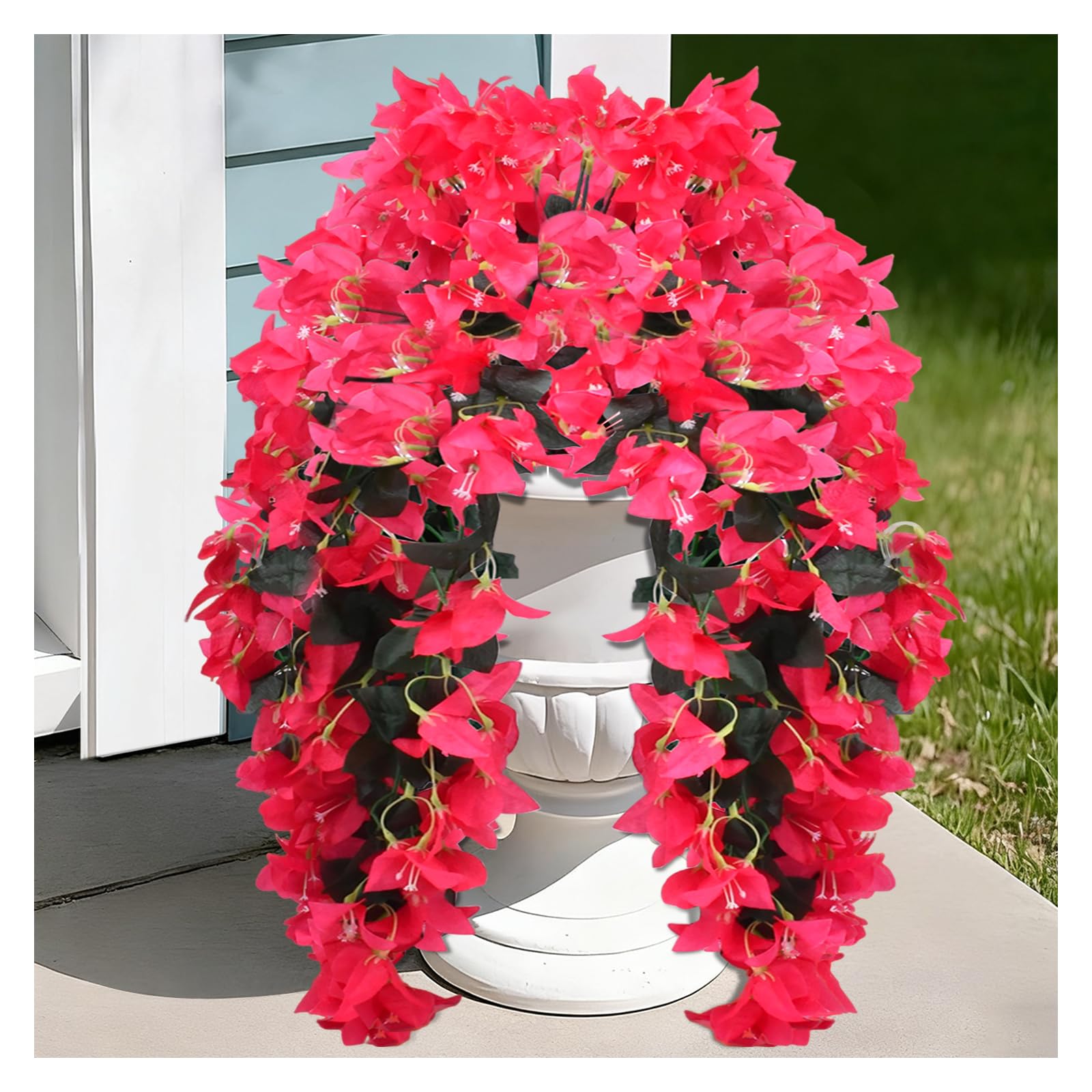 View 1 of Anelueeoo UV-Resistant Artificial Bougainvillea Hanging Flowers, 2pcs Realistic Fake Rose Red Vines for Outdoor Planters, Patio Urns, Porch & Balcony Decoration