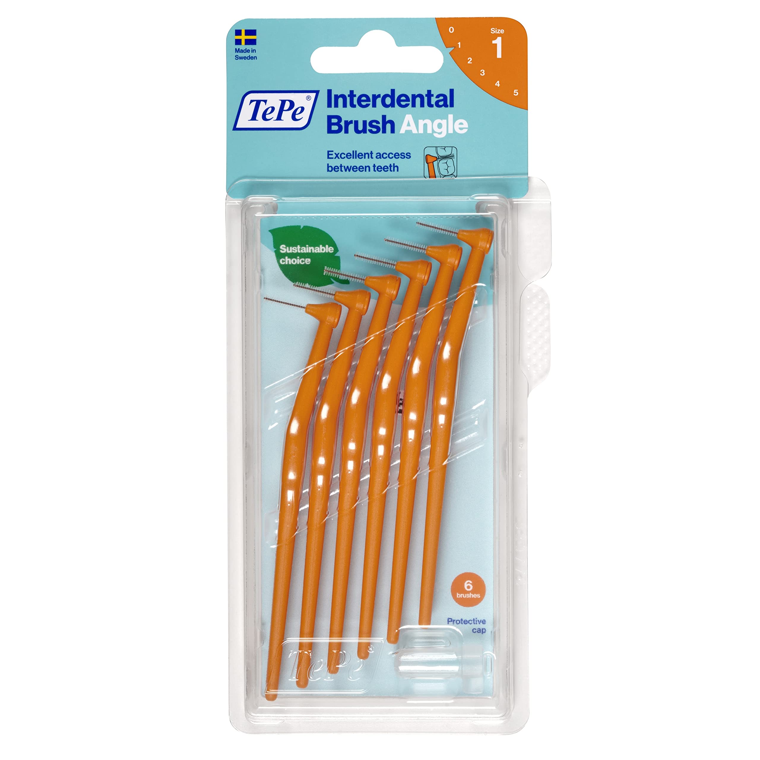 TePe Angle Orange Interdental Brushes (0.45mm - Size 1) / Easy and simple interspace cleaning with long handle and angled neck / 2 x 6 brushes