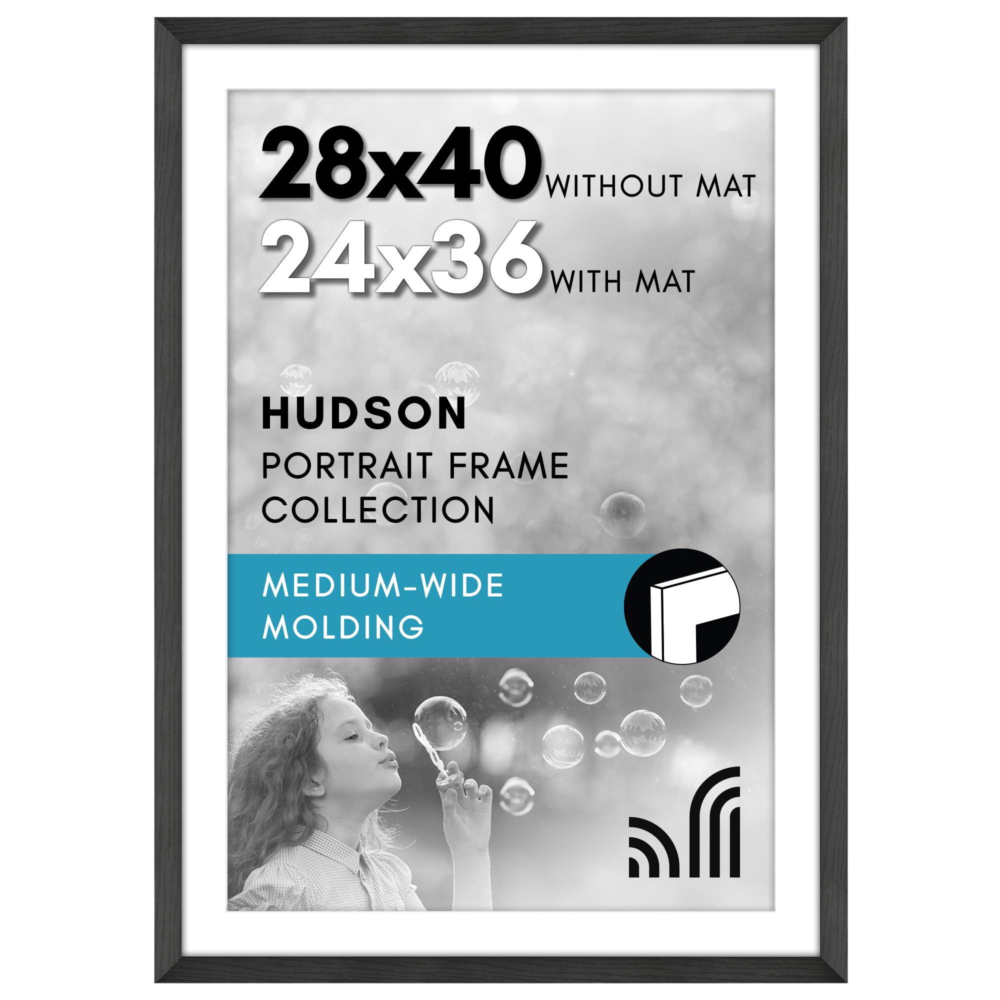 Americanflat 28x40 Poster Frame with Polished Plexiglass - Use as 24x36 Frame with Mat or Display 28x40 Photo Without Mat - Hudson Collection - Wide Picture Frames for Wall Display - Black Image