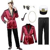 SERTAS Red Silk Robe Jacket Halloween Couples Costumes With Black Pants Sunglasses Captain Hat Necklace for Men