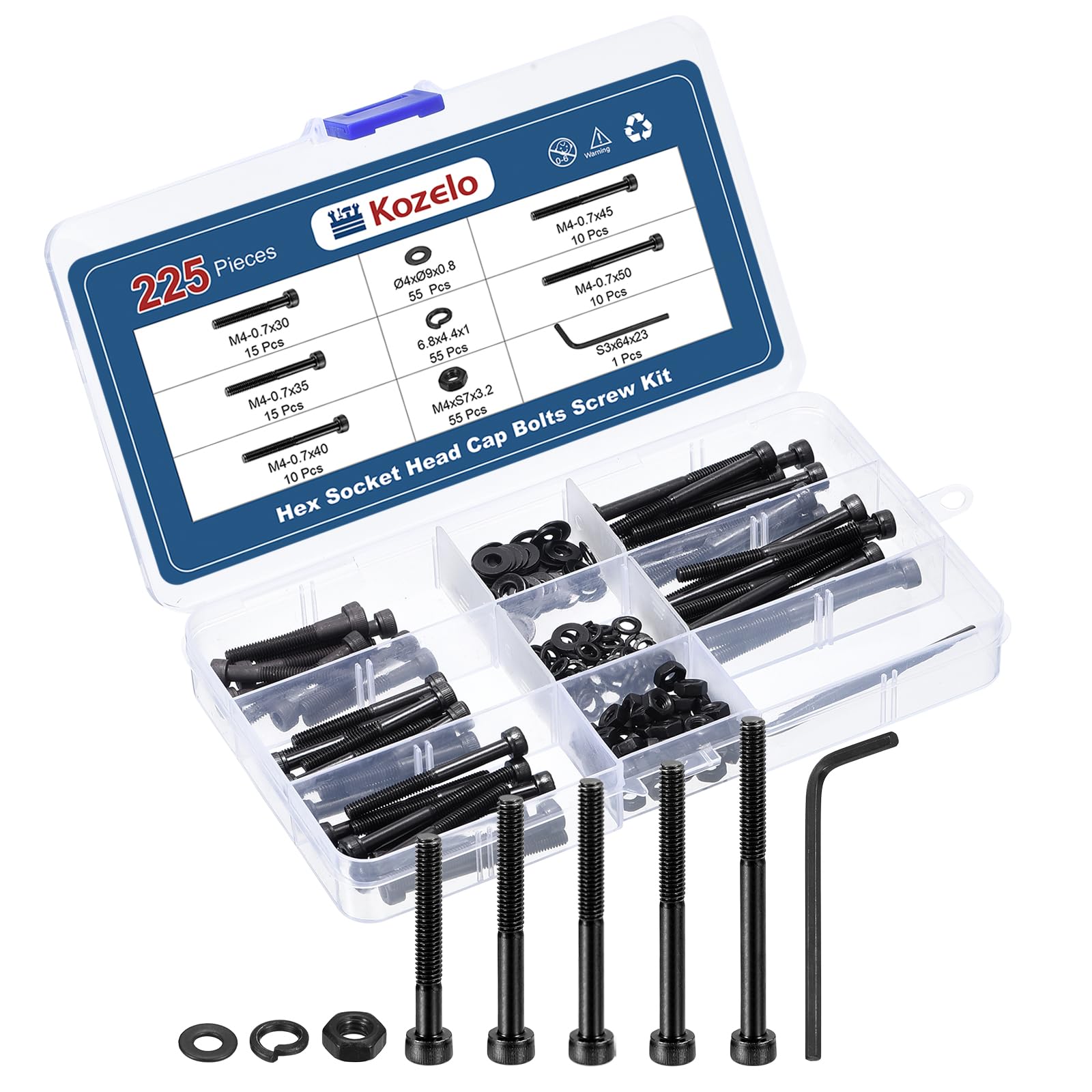 Kozelo 225pcs M4 Socket Head Cap Screws Bolts Nuts Assortment Kit - [M4x30/35/40/45/50mm] Alloy Steel Fully Threaded Black Oxide 12.9 Internal Hex Screw for 3D Printer Use, with Wrench — image 1
