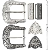 BENECREAT 2 Set Replacement Belt Buckle, Zinc Alloy Floral Engraved Buckles for Any Festivals and Occasions Gifts, Antique Silver & White K
