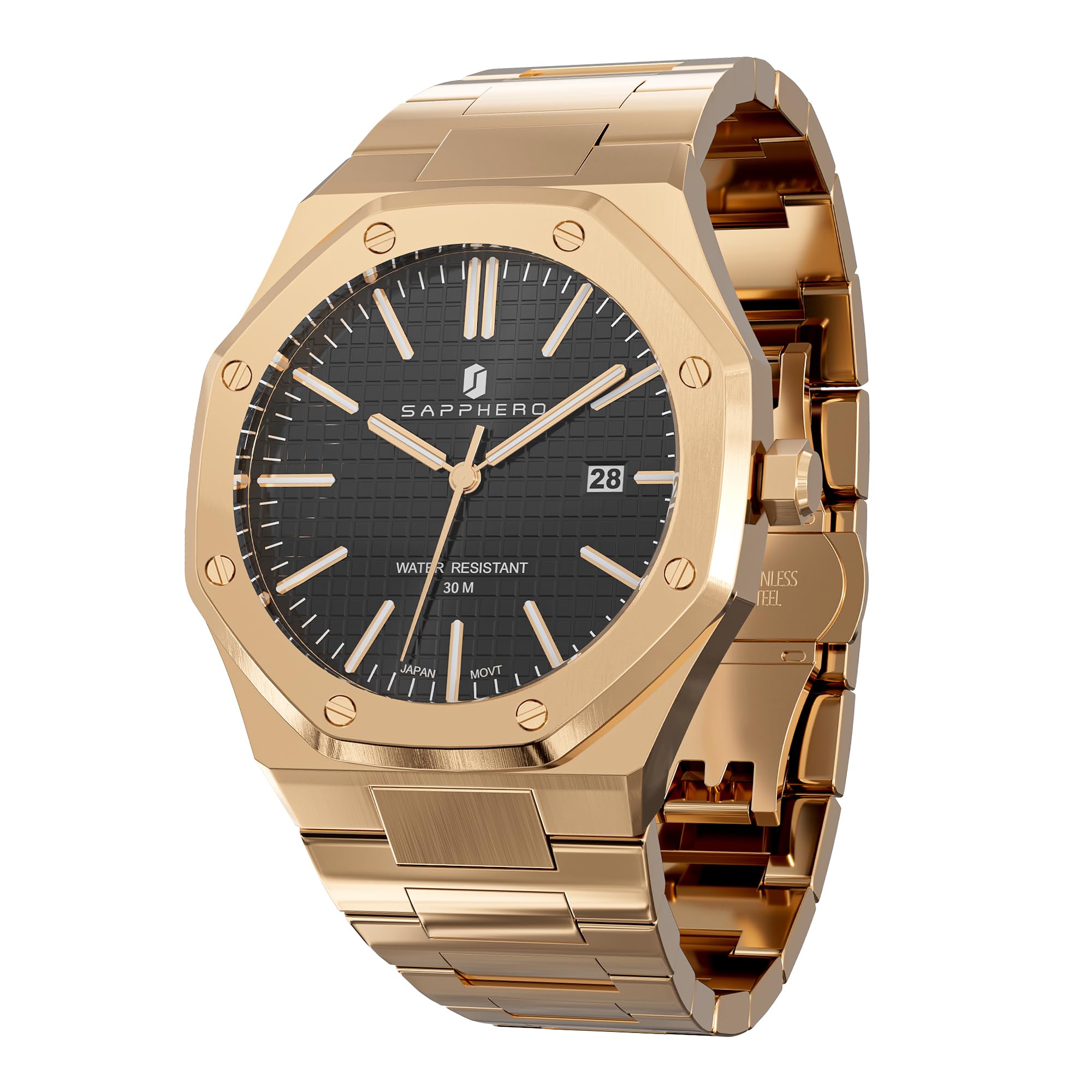SAPPHERO Watches Men's 30M Waterproof Watch Men's Stainless Steel Octagonal Men's Watch Silver Quartz Japanese Movements Business Casual Luminous Watch with Date