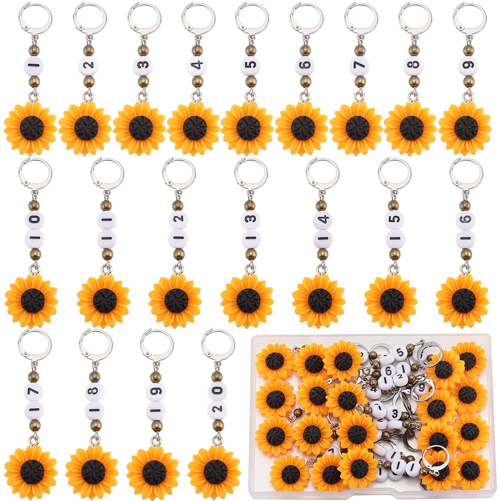 SUNNYCLUE 1 Box 20Pcs Cute Crochet Markers 1~20 Number Stitch Marker Resin Sunflower Planner Charms Knit Markers Locking Removable Leverback for Knitting Crocheting Sewing Quilting jewellery Making