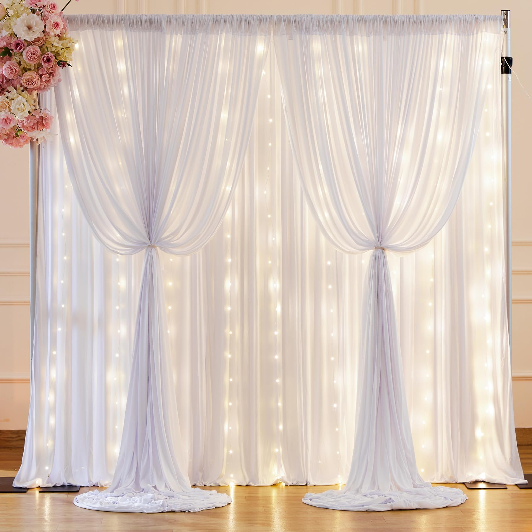 Photo 1 of 10 x 10 ft White Backdrop Curtains with Lights String for Wedding Polyester Photo Background Drapes White Wrinkle Free Soft Curtains for Birthday Parties Reception Baby Shower Ceremony-5 x 10ft x 2P