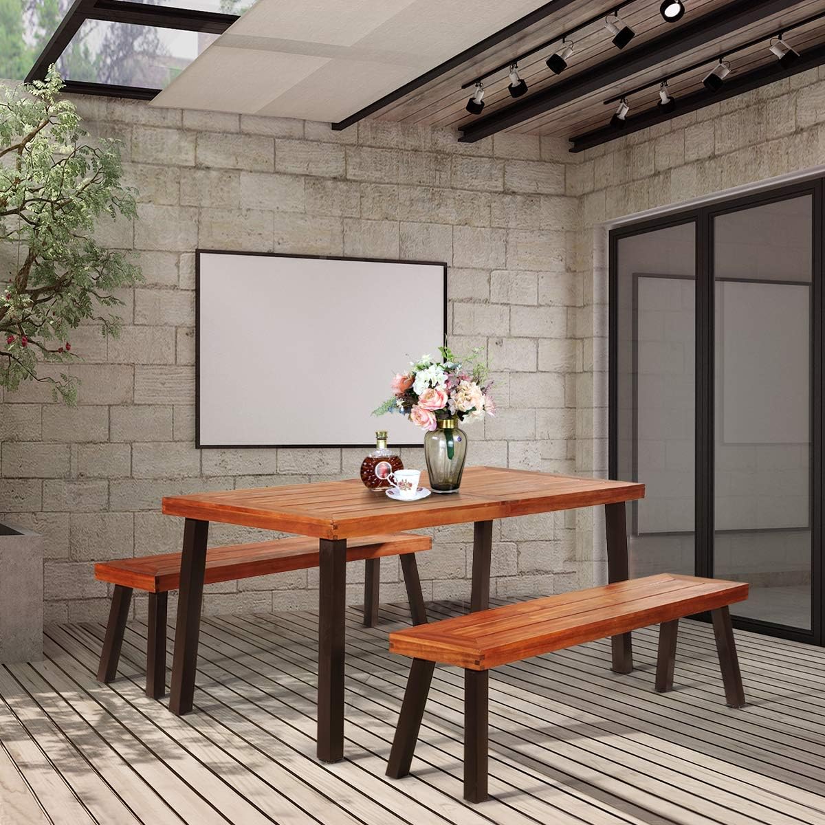 Giantex Patio Dining Table with Umbrella Hole, Outdoor Picnic Table for Backyard, Garden, Lawn, Farmhouse, Acacia Wood Rectangular Table with Metal Legs, Rustic Brown: Kitchen & Dining