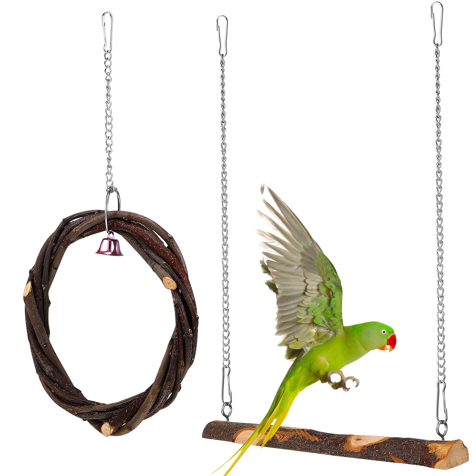 POPETPOP Wooden Bird Swing Toy for Parakeet Cockatiel and Small Birds Natural Hanging Swing with Bell for Climbing Chewing and Balance Development