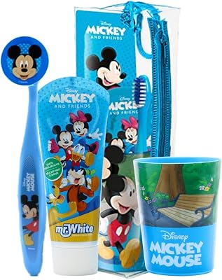 Mr.White Mickey Mouse - Juego de bolsas para niños, ideal para viajes, incluye cepillo de dientes manual con ventosa, tapa de viaje, pasta de dientes con sabor a menta suave para niños, 75 ml, y 1
