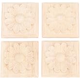 4Pcs Wood Carved Appliques Onlays, Square Carving Decals for Furniture | Unpainted Wooden Carvings Decals for Cabinet Drawer Wall Bed Door Dresser Mirror Cupboard Wardrobe DIY, 6x6cm/2.36"x2.36"