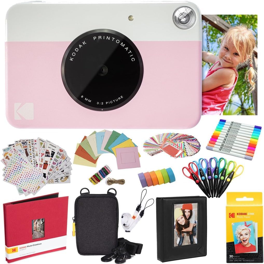 KODAK Printomatic Instant Camera (Pink) All-In-Bundle + Zink Paper (20 Sheets) + Case + Photo Album + 7 Sticker Sets + Markers + Scissors — image 1