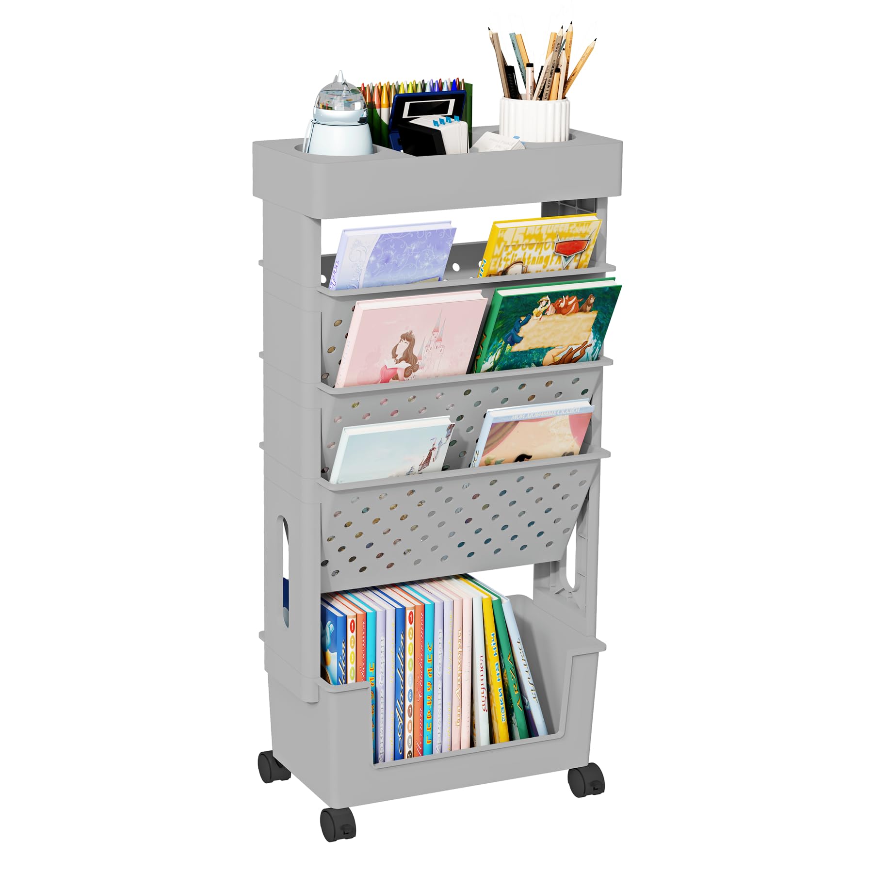 Photo 1 of (PARTIAL SET) YEMUNY 5 Tier Rolling Utility Cart Multi-Functional Movab Storage Book Shelves with Lockable Casters for Study Office Kitchen Classroom, Grey